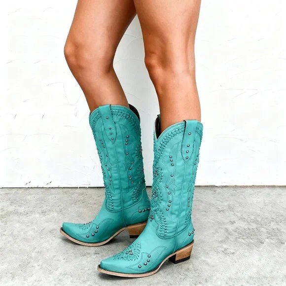 Women's Blue Leather Embroidery Knee High Western Cowgirl Boots Lightweight - Picture 2 of 6